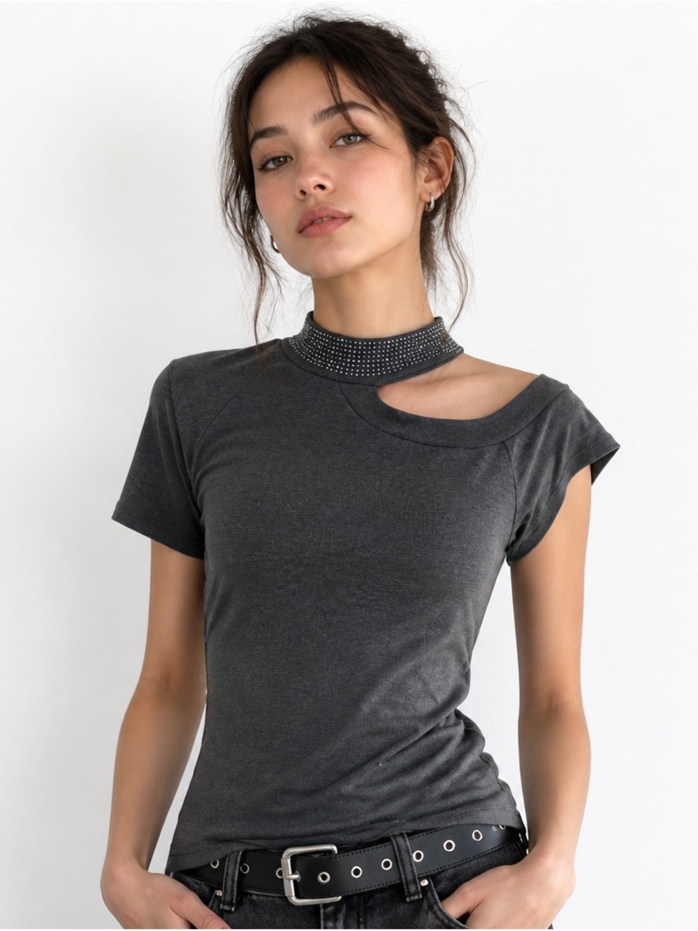 Vocal Black Mock Neck Cutout Short Sleeve Tee